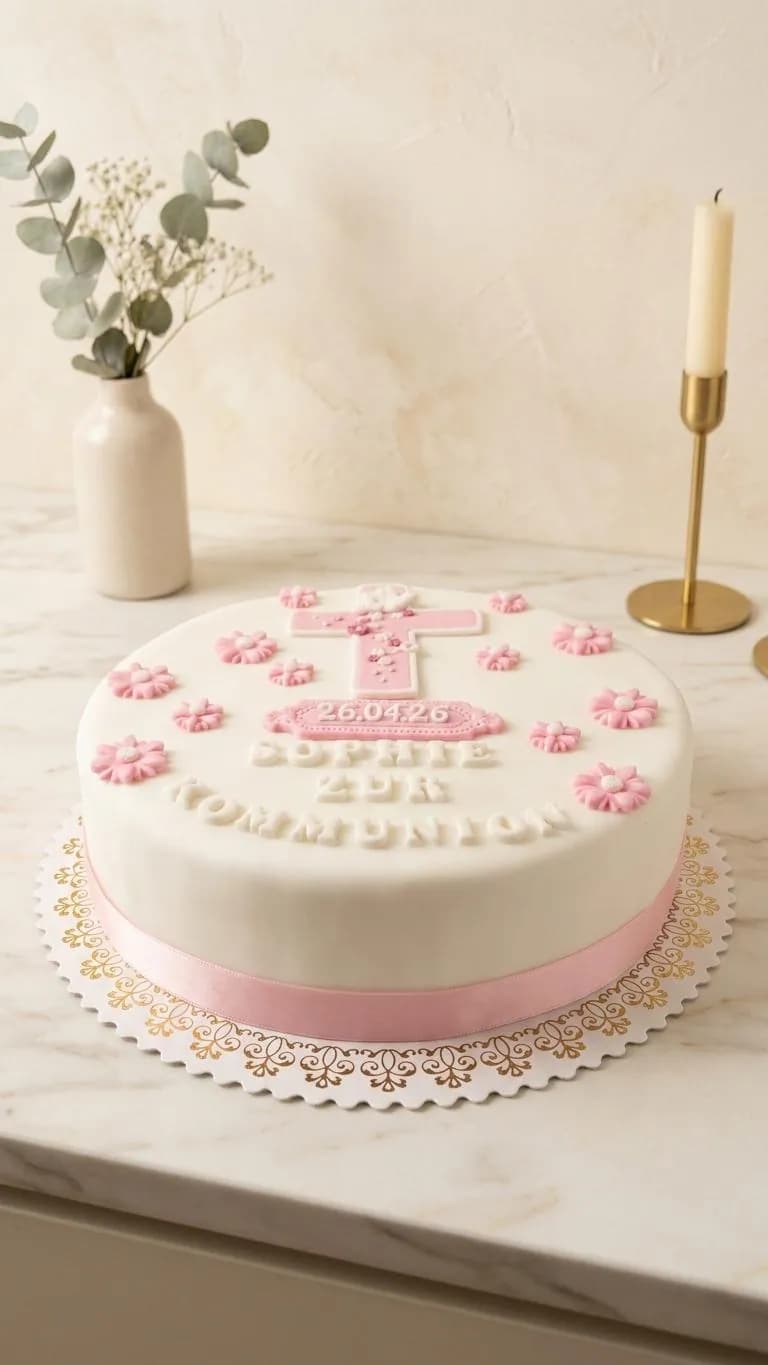 Weiße Kommuniontorte mit rosa Kreuz, Blüten und Band