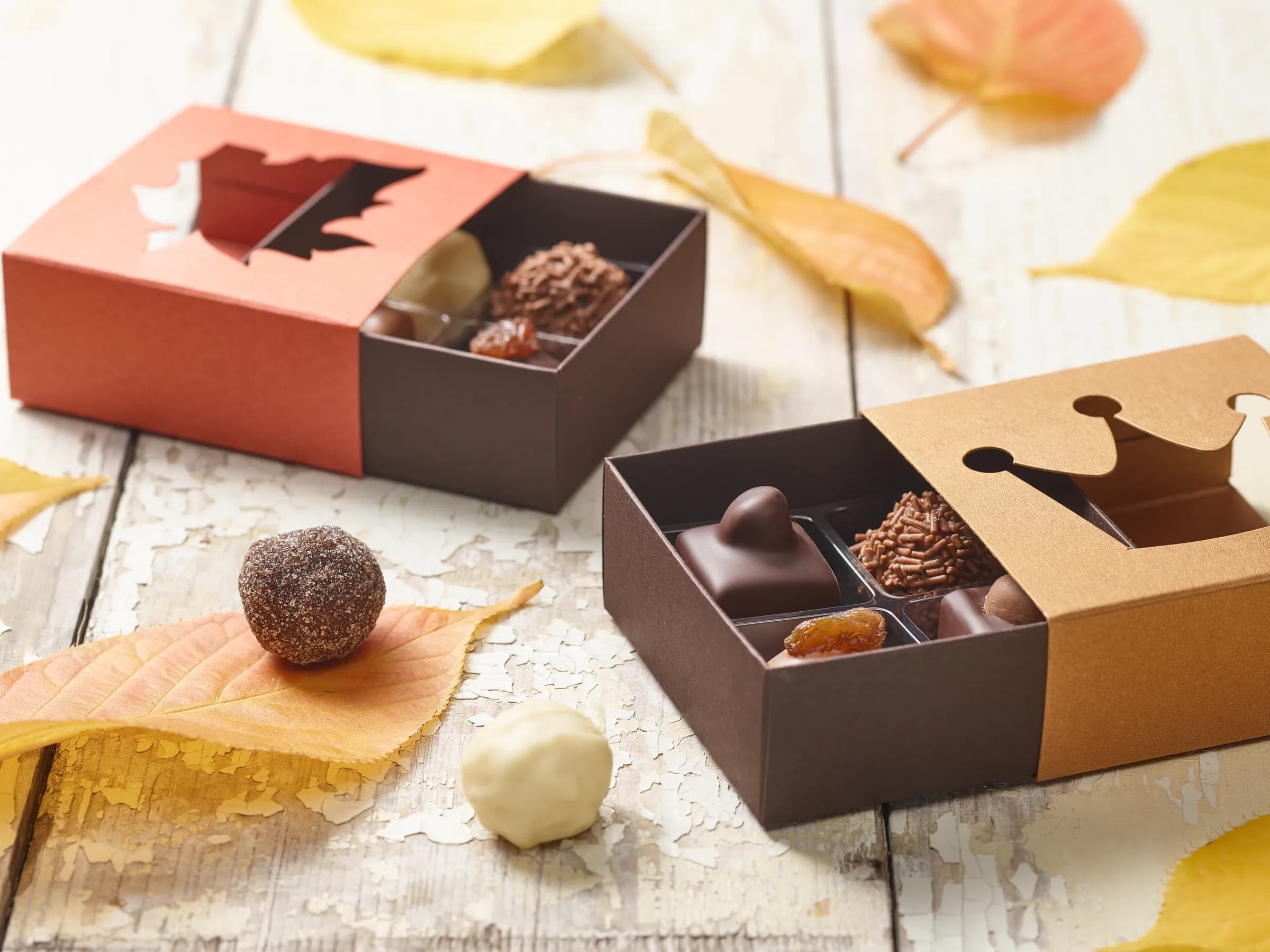 Pralinen in Geschenkschachteln mit Herbstlaub