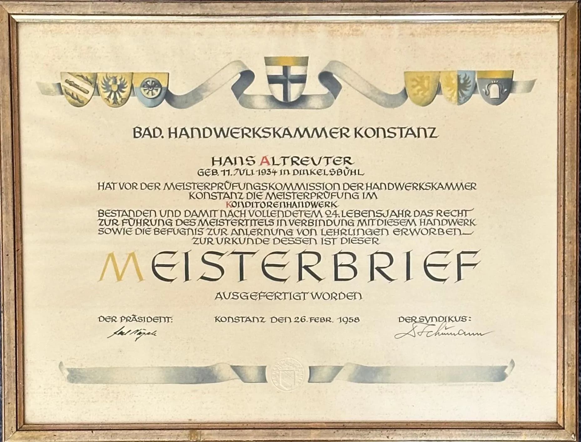 Meisterbrief von Hans Altreuter, Handwerkskammer Konstanz