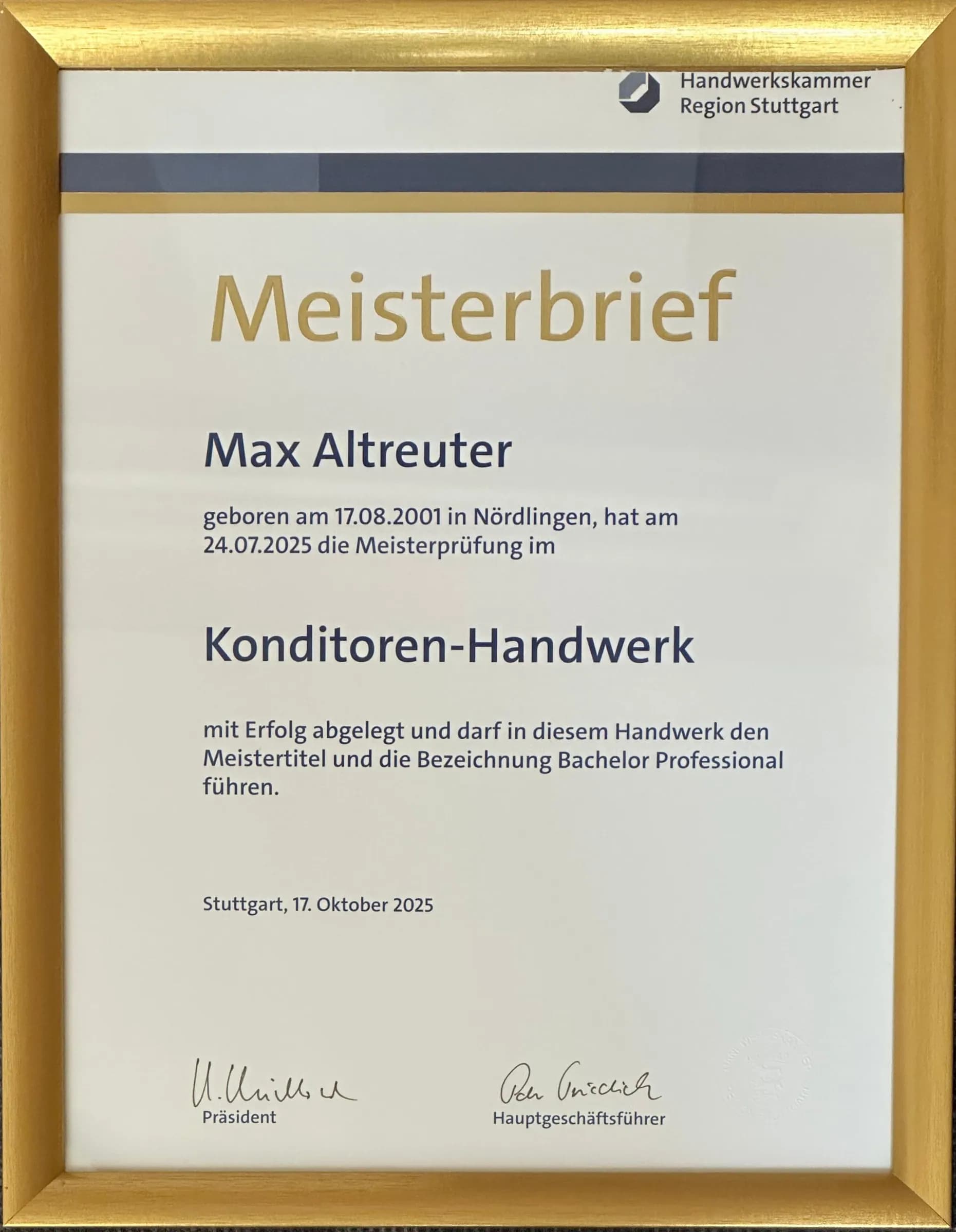 Meisterbrief von Max Altreuter, Handwerkskammer Region Stuttgart, 2025