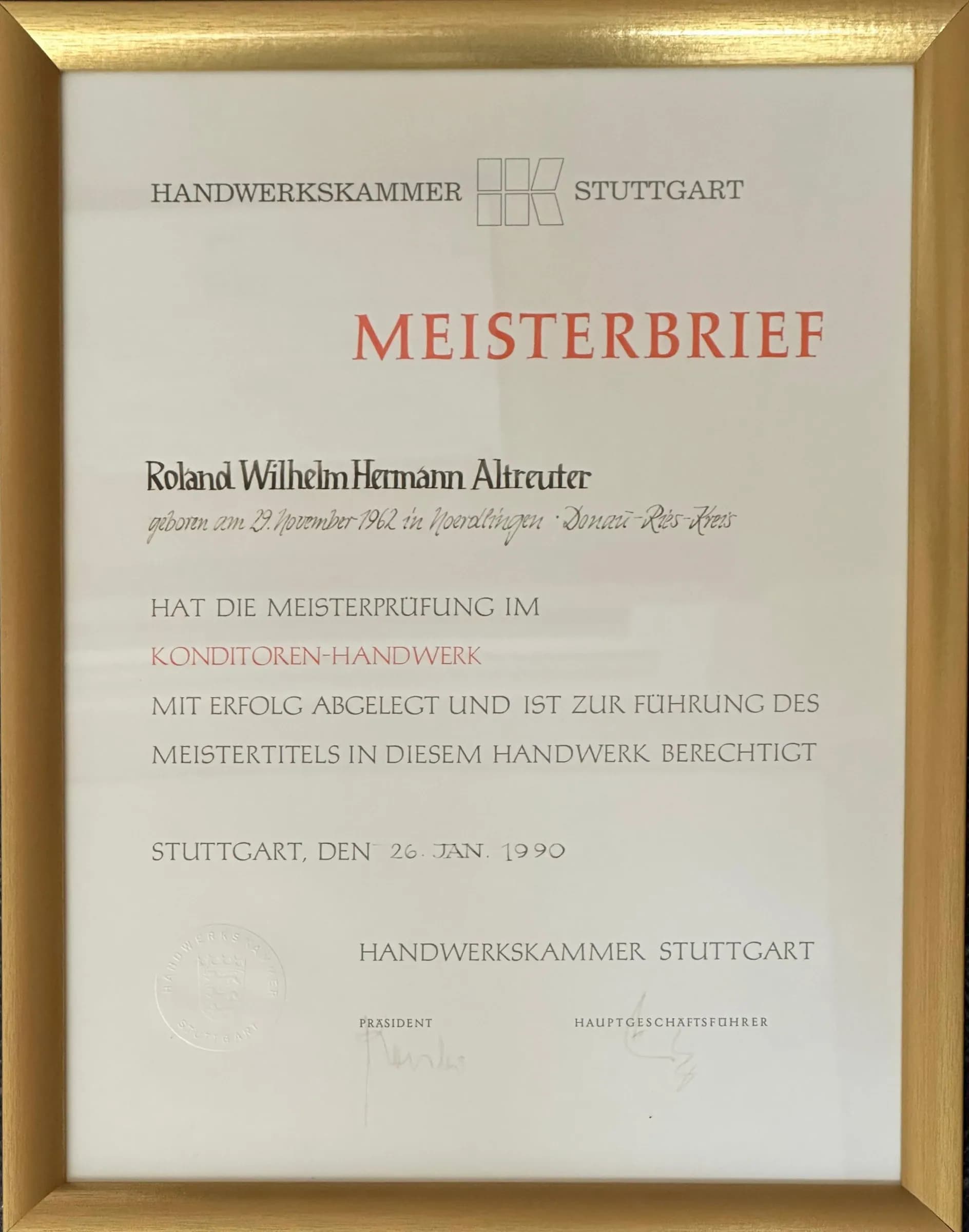 Meisterbrief von Roland Altreuter, Handwerkskammer Stuttgart